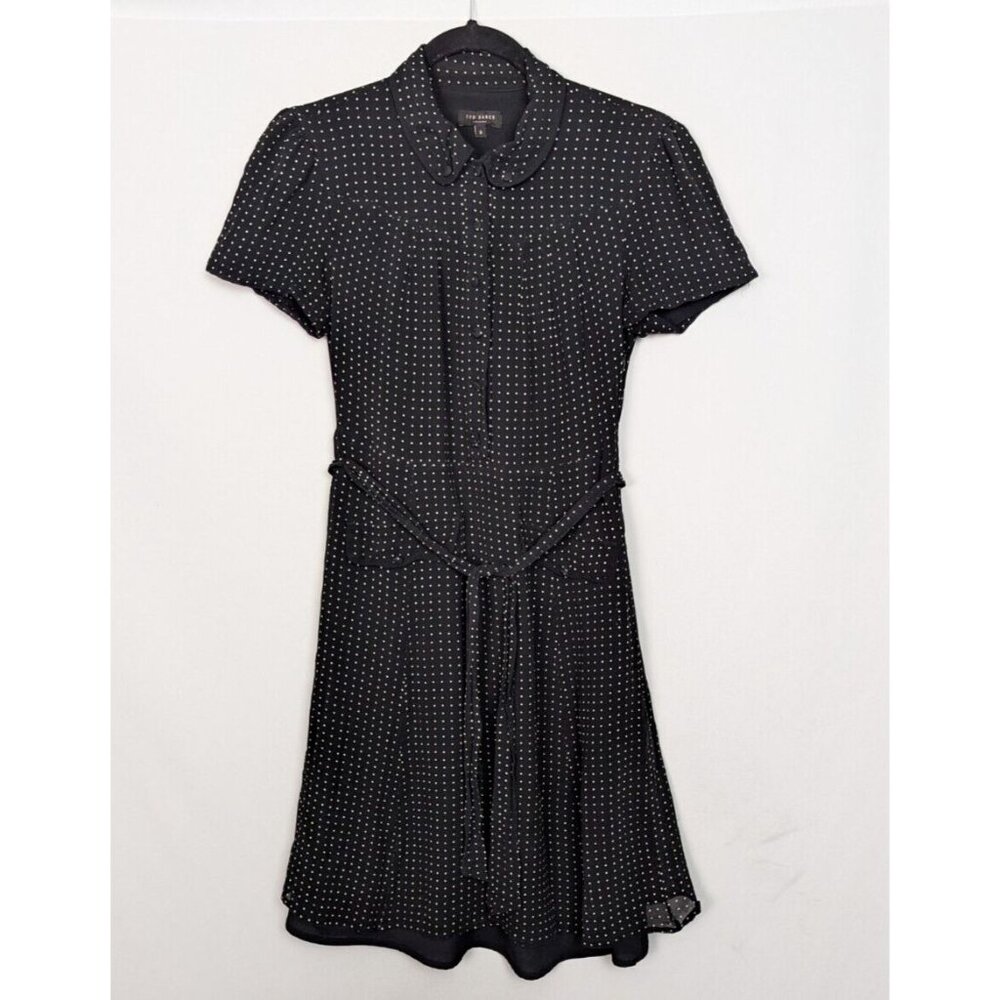 Ted Baker London 3/M Polkadot Silk Knee Length Dress Tie Waist Classy Button Up